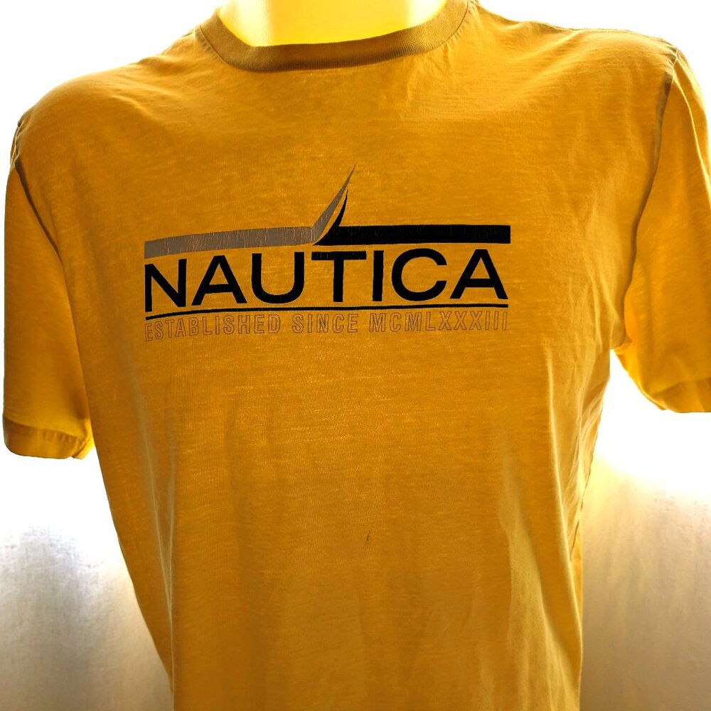Nautica Yellow Graphic T-Shirt | Adult Large | 90s Vibe Faded Short Sleeve